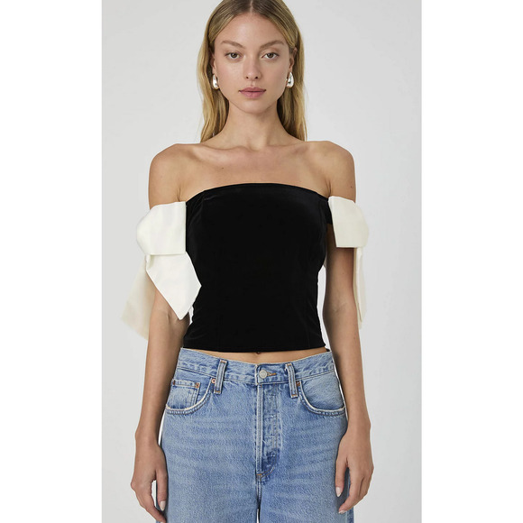 French Connection Women Carey Velvet Bow Sleeve Top Blackout Size 4 - Picture 3 of 6